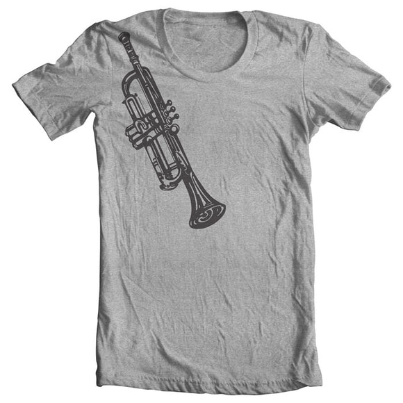 Grey T-shirt with Trumpet Image Printed in Black